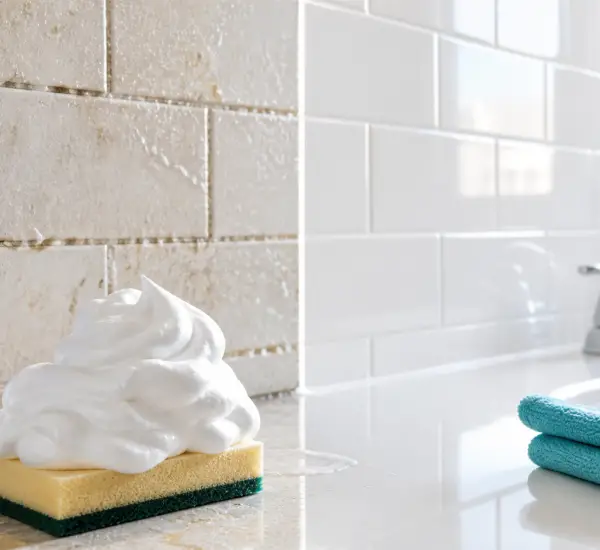 Espuma de afeitar sobre una esponja con paño de microfibra y bicarbonato para limpieza del hogar