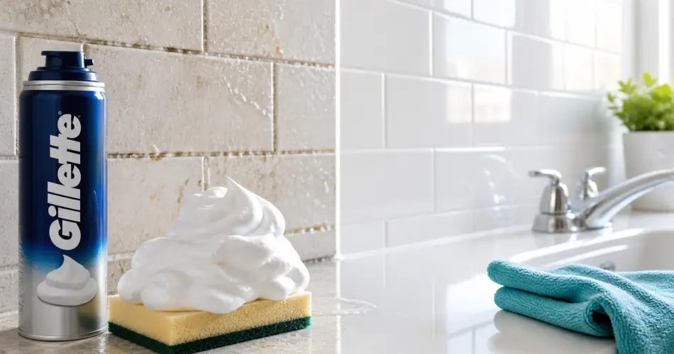 Espuma de afeitar sobre una esponja con paño de microfibra y bicarbonato para limpieza del hogar